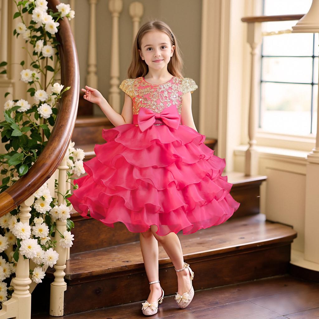 Платья для девочек Стереоскопическое платье принцессы с розами Многослойная сетка Помпон Помпон Платье для девочки-цветочницы Ведущей Свадебное платье Любимое платье маленькой девочки Платья