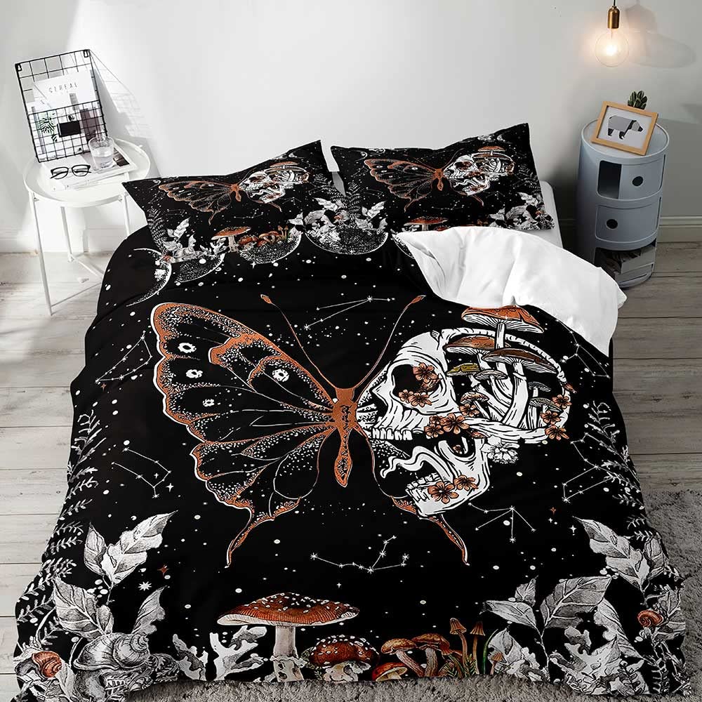 Trippy Mushroom Duvet Cover Set,Hippie Skull Bedding Set,Butterfly Moth Moon Phase Constellation Astrology Botanical Boho Theme