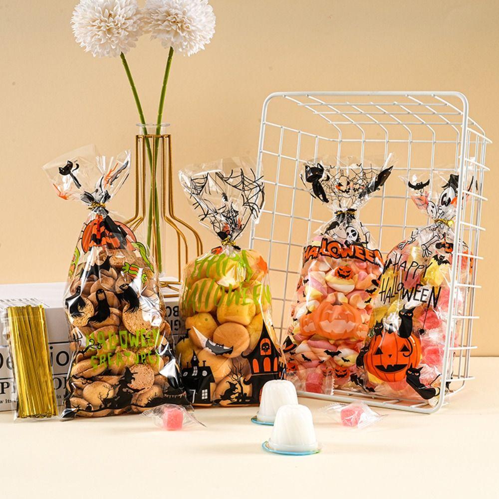 50pcs Trick or Treat Halloween Candy Bags Transparent Cellophane Pack Gift Bags  Kids Party Favors
