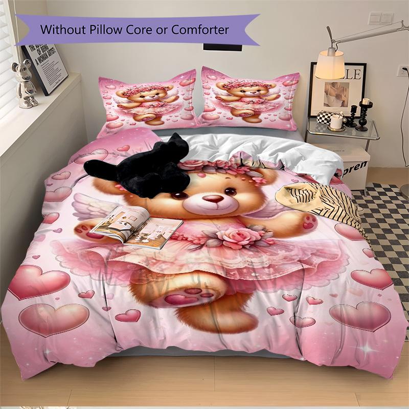 Pink Angel Bear Hearts Print 3Pcs Bedding Setduvet Cover With 2 Bedropillowcase Home Birthday Gift