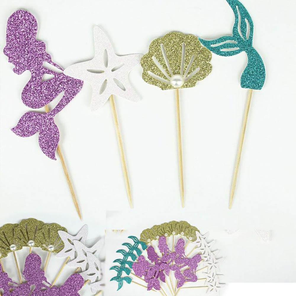 Блестящие кексы, флаг с русалкой, морской конек, морская звезда для принцессы, тематическая вечеринка, флажки для торта, день рождения для девочек, украшения для детского душа с русалкой