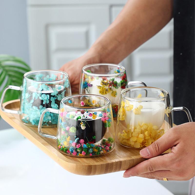 Красочная стеклянная кружка с сухоцветами - Декоративная прозрачная чашка для кофе/чая с засушенными цветами