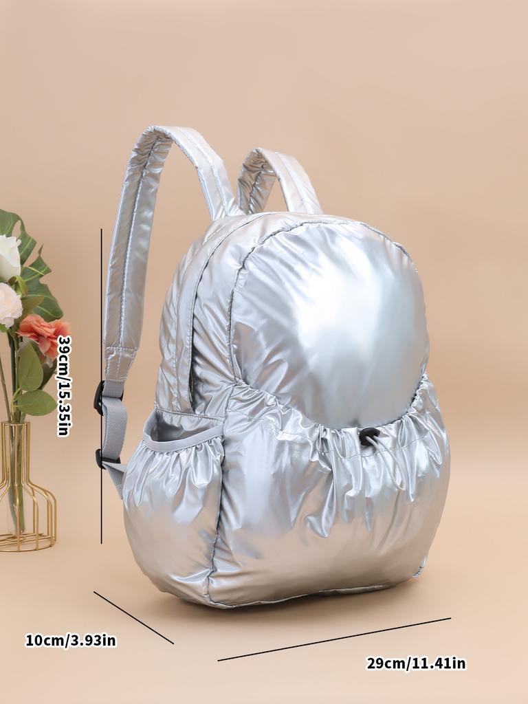 Silver Texture Drawstring Backpack Large Capacity Casual Backpack Women'S Niche Design Lazy Style Schoolbag