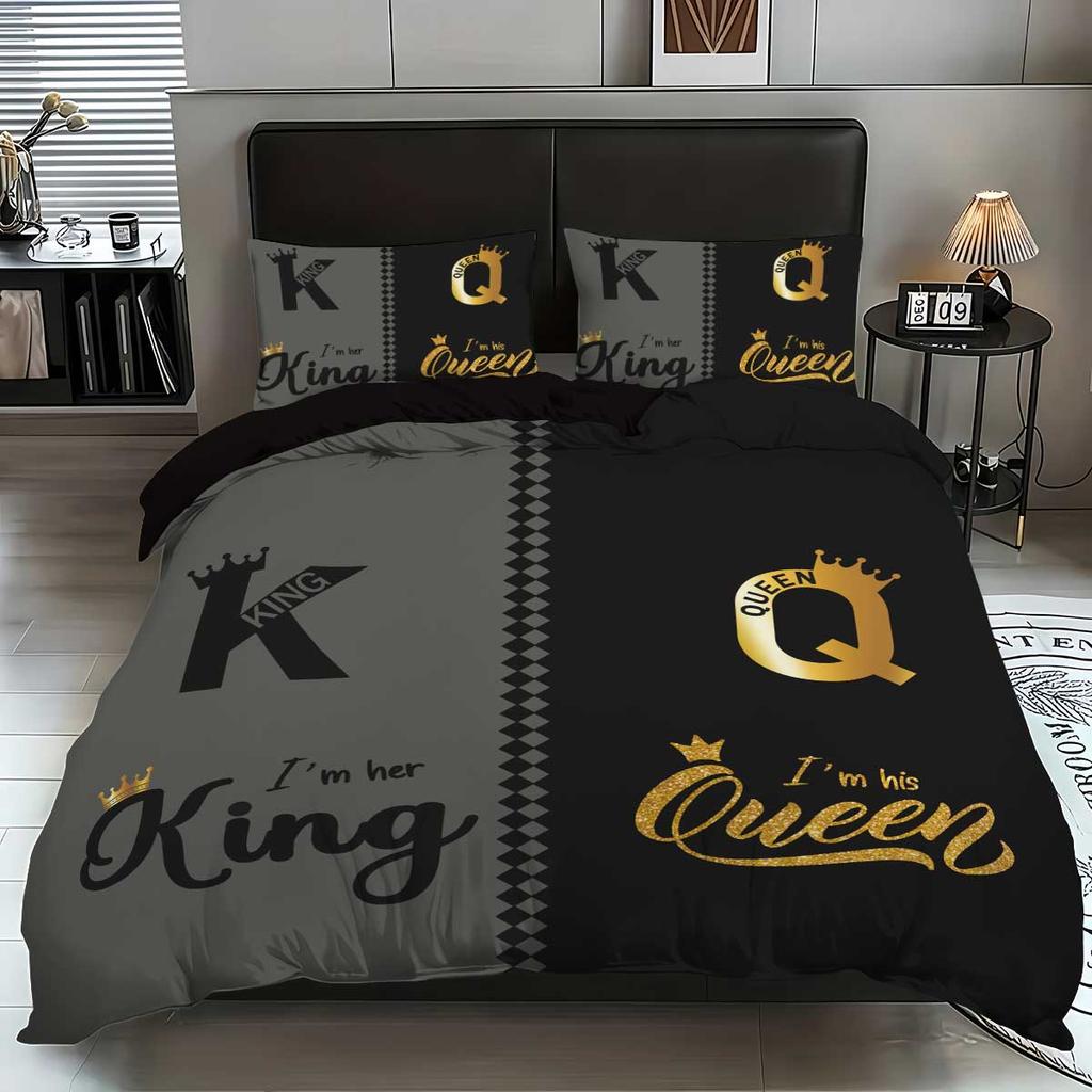 3pcs Fashionable Black Gray K and Q Design Printed Bedding Set, Soft, Comfortable and Breathable Duvet Cover, Bedroom, Hotel