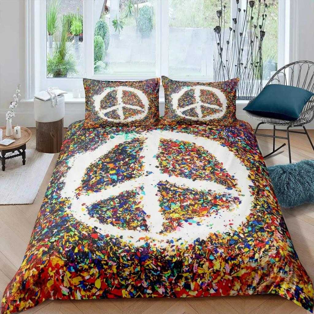 Boho Hippie Psychedelic Flowers Duvet Cover Colorful Peace Sign Bedding for Boys Girls Women Bedroom Decorative Rainbow Tie Dye
