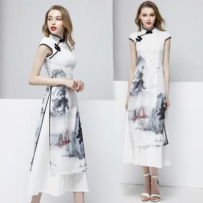 Летнее женское вечернее платье Cheongsam Qipao, китайское восточное платье с принтом в китайском стиле, традиционное китайское свадебное платье