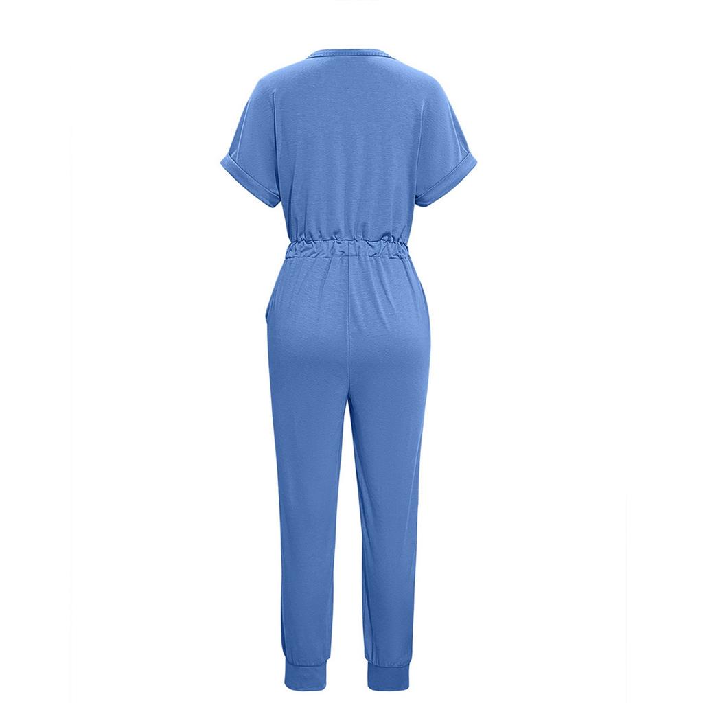 Women's Casual Short Sleeve V-Neck Intersection Jumpsuit