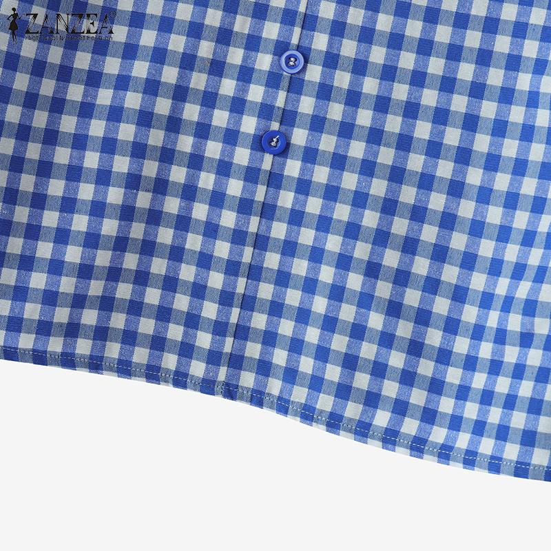 ZANZEA Женская повседневная блузка с V-образным вырезом и рукавом 3/4, свободная клетчатая блузка