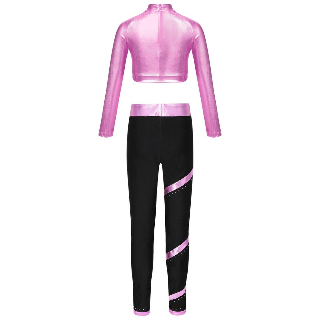 Girls Figure Skating Outfit Mock Neck Long Sleeve Sequin Shiny Crop Top Metallic Striped Pants Dance Costume