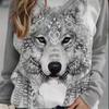 Plus Size Casual Tops, Women's Wolf Print Long Sleeve Round Neck Micro Stretch Tops