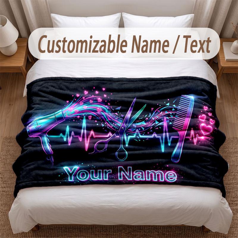 Barber Salon Theme Soft Blanket Personalized Custom Name Text Print Warm Blanket Home Sofa Bedroom Decor