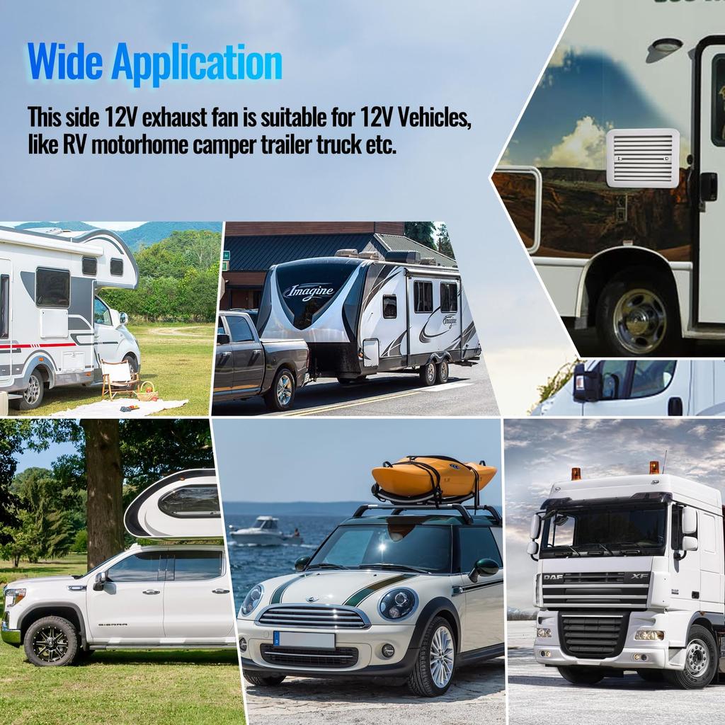 12/24V RV Side Vent Fan, White/Black Vent Fan One-Way Silent Wind Air Vent Ventilation Exhaust Fan for Caravan Motorhome Camper