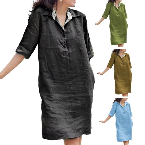 Женское платье, свободное, с рукавами три четверти, однотонное, с лацканами, до колена, мягкое, трапециевидное, повседневное, весна-лето, платье миди