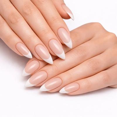 Sanfe Instant Stick On Nails, French Almond, 24 Reusable Artificial Nail 24 Set