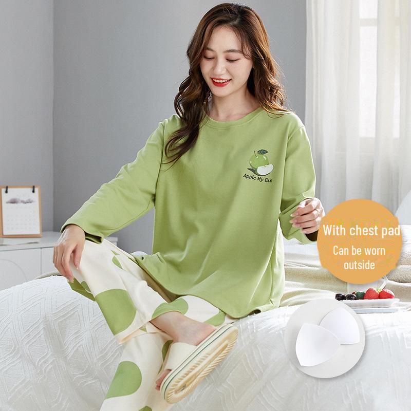 Женская осенняя пижама с длинными рукавами и рисунком из мультфильмов, с нагрудными накладками - тонкий хлопок для ношения в помещении и на улице весной, осенью и зимой