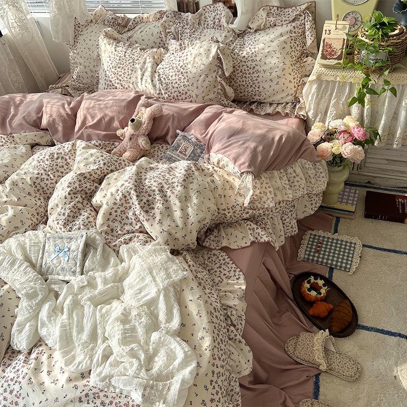 Floral Bedding Set Four-piece Romantic Skin-friendly Breathable Comfortable Washed Sheets Quilt Cover Pillowcase