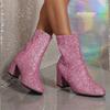 Plus Size Women's Fashion Autumn Winter Chunky Heel Boots Ladies Trendy Mid-calf Pointed Toe Sequins Zipper Boots