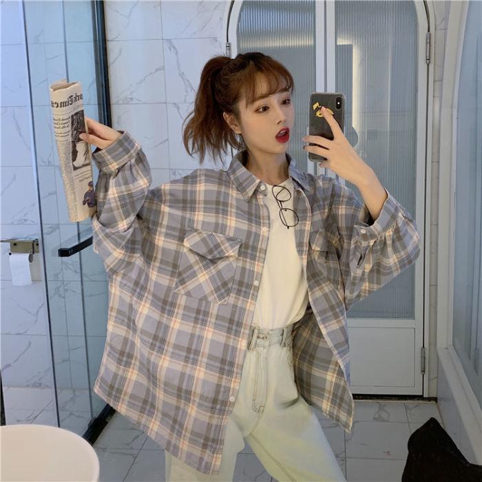 Клетчатые рубашки, женские рубашки с длинным рукавом, летняя солнцезащитная милая верхняя одежда, модные простые универсальные свободные студенческие блузки в корейском стиле, новинка