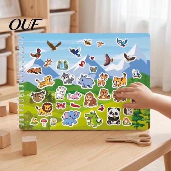 Interactive Learning Games Coloring Book with Animal Stickers, Rich Cartoon Patterns Coil Binding Creative Birthday Gifts for Kids Book, Educational