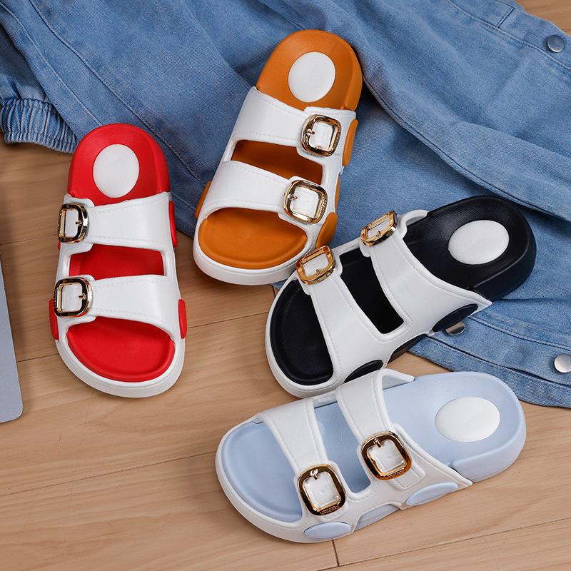 New Two-tone Double Buckle Strap Women Slides Non-slip Thick EVA Platform Casual Indoor Outdoor Slippers