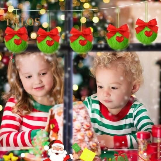 12/16 шт. Рождественские подвесные украшения 6 см зеленые пушистые шарики бант декор легкий многоразовый елочный кулон праздничный декор подарки