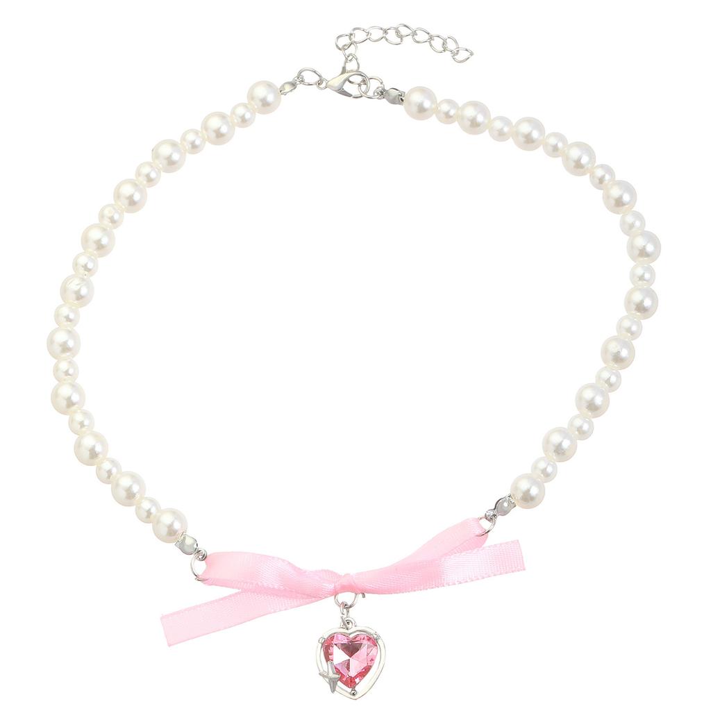 Elegant Heart Bowknot Pearl Pendant Necklace for Women Sweet Versatile Choker Charm Necklaces Fashion Jewelry Gift