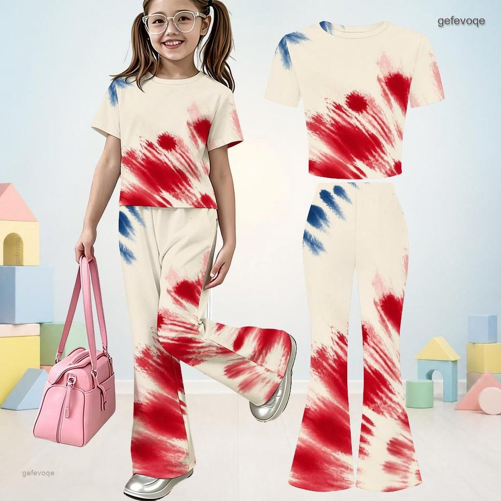 Girls Round Neck Short Sleeve Printed Top And Flared Pants Navy Blue Two Piece Set
