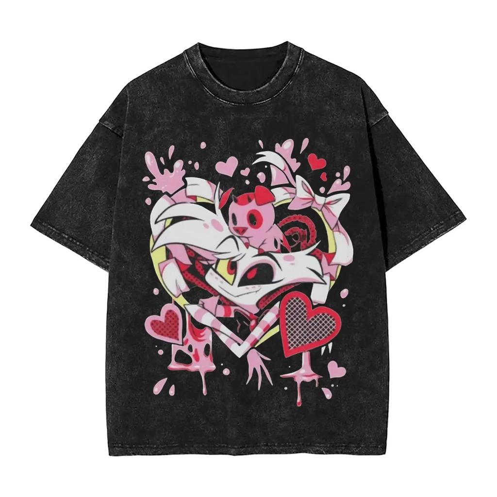 Unisex Vintage Washed Cotton T-Shirt Hazbin Hotel Alastor Radio Demon Graphic Tee Unisex Loose Streetwear Anime Casual Short Sleeve Top