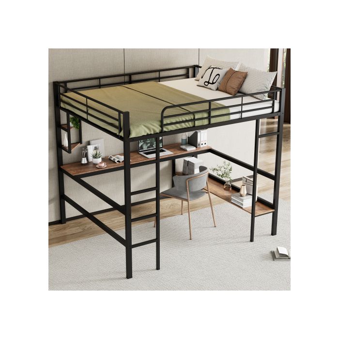 Hochbett, Metallbett mit Rahmen 140x200 cm, Eisenbett mit Schreibtisch, ohne Matratze, schwarz