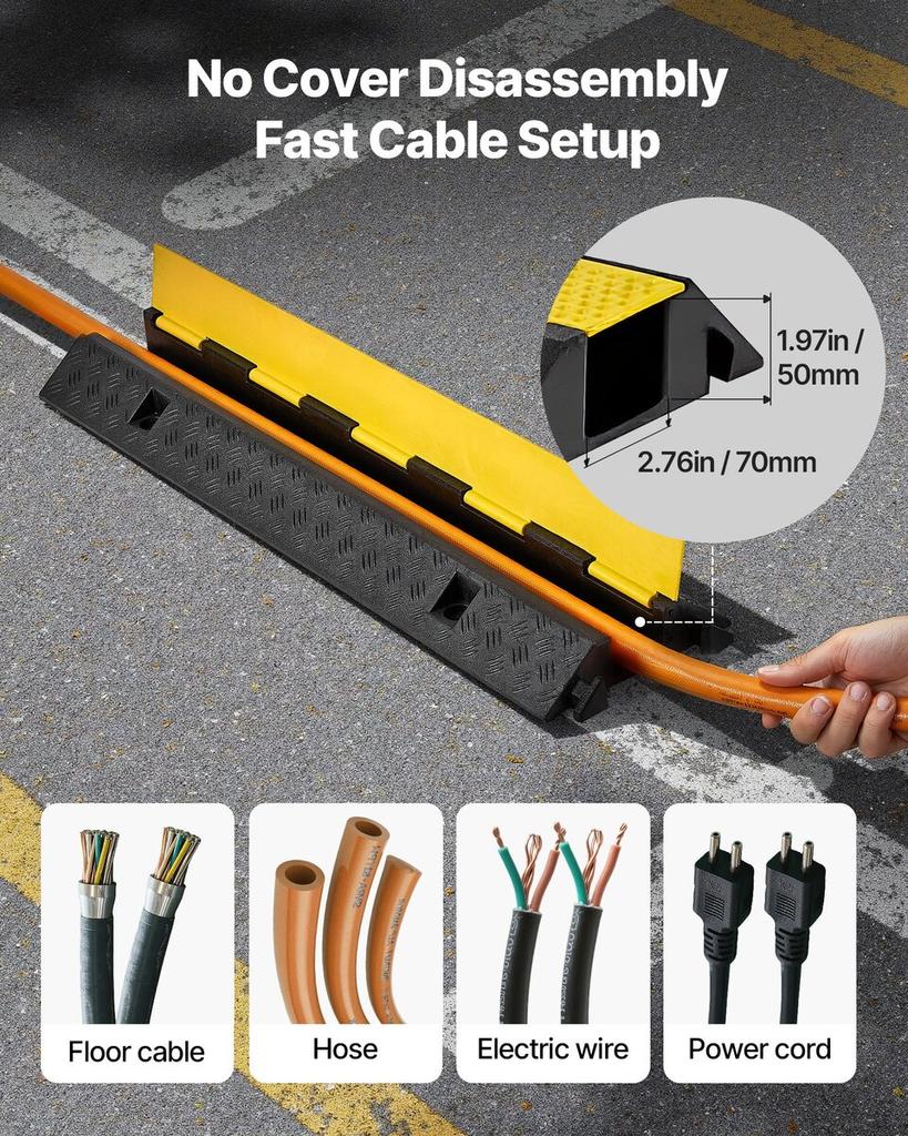 Cable Protector Ramp, 9,979 kg/axle Capacity, 1 Channel Heavy Duty Rubber Cord Hose Wire Cover, 70 x 50 mm Channel, Traffic Speed Bump with Flip-Open