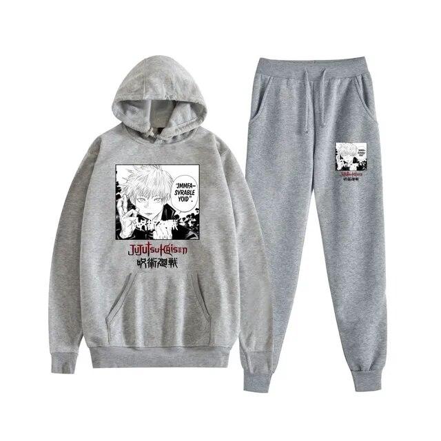 Fashion Autumn/Winter Anime Jujutsu Kaisen Harajuku Streetwear Men's Suit Fleece Hoodie + Trousers Thick Warm Sports Suit