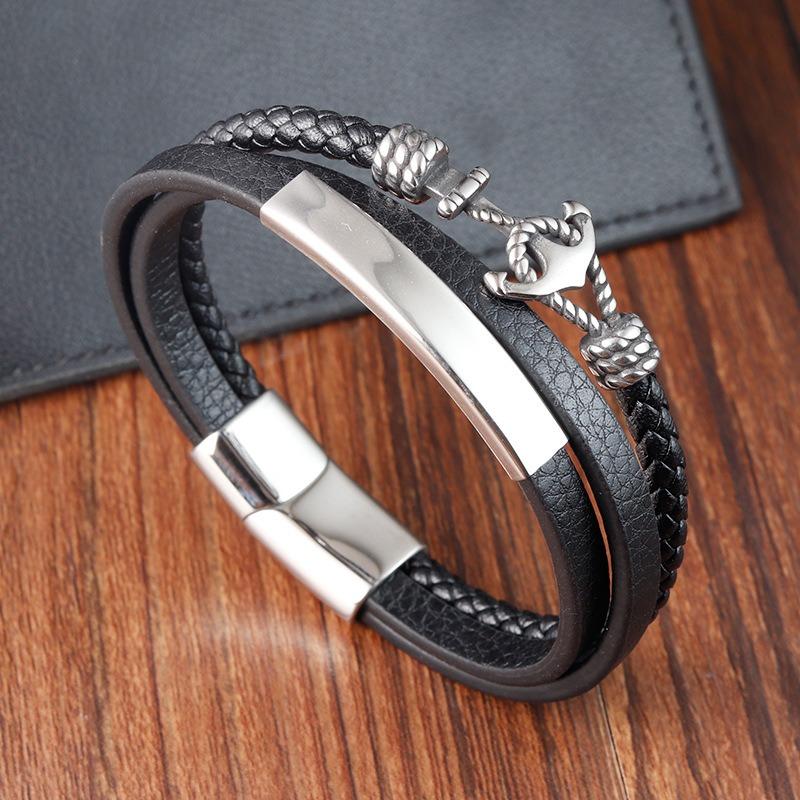 Men's Multi-layer Leather Bracelet Hip Hop Punk Boat Anchor Titanium Steel Bracelet Street Hipster Jewelry Accessories