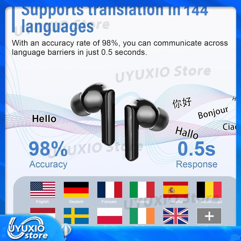 UYUXIO AI Languages Translator Earbuds with Screen Real Time Translation Headphones with 144 Languages Noise Cancelling