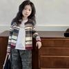 Girls' Colorful Striped Knitted Wool Cardigan - High Waist Round Neck, New 2025 Style for Autumn & Spring