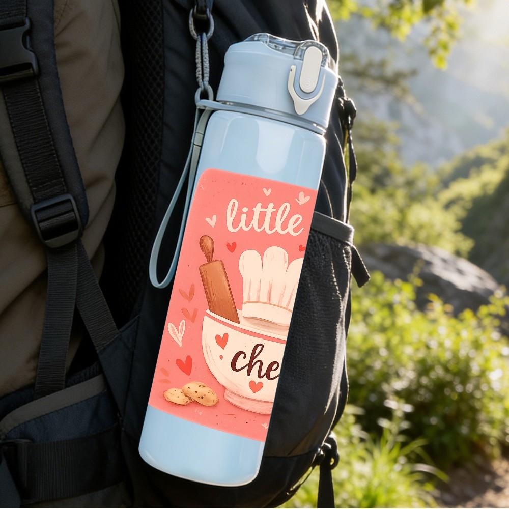1PC Little Miss Chef Pink Text Frame 750ml Color Plastic Sports Water Bottle Leakproof Flip Straw Lid Suitable for Sports Office Home Use