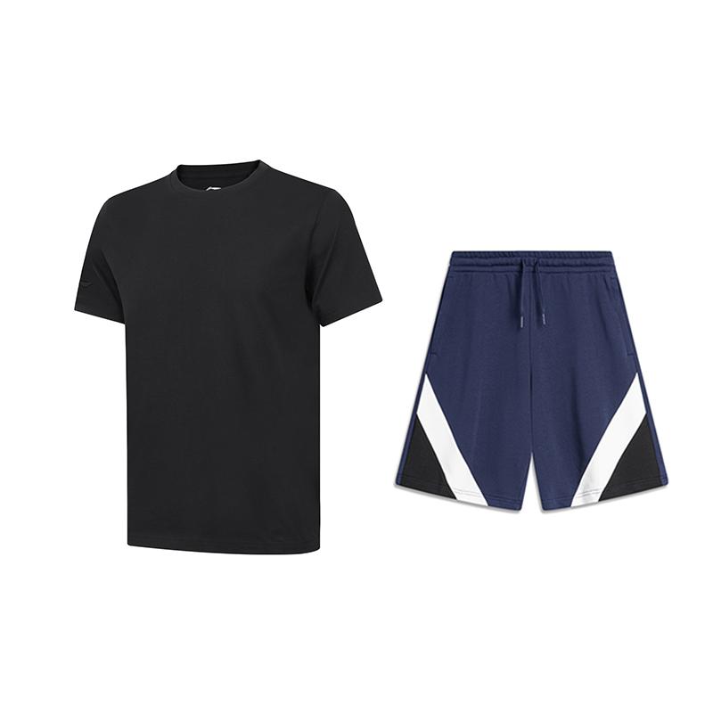 Li Ning Однотонная Универсальная Футболка с Коротким Рукавом и Круглым Вырезом и Шорты Пятиточки со Средней Посадкой Повседневный Спортивный Комплект Унисекс Комплекты AHSUA49-2+AKSU613-2