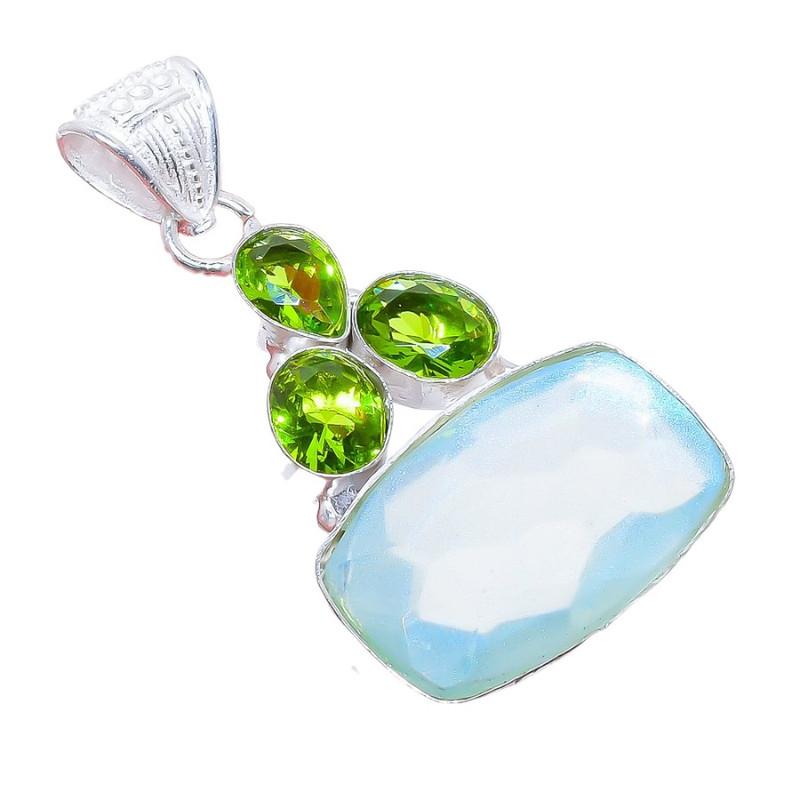Aqua Mystic Topaz, Peridot Gemstone 925 Sterling Silver Jewelry Pendant 2.1" AH-3284