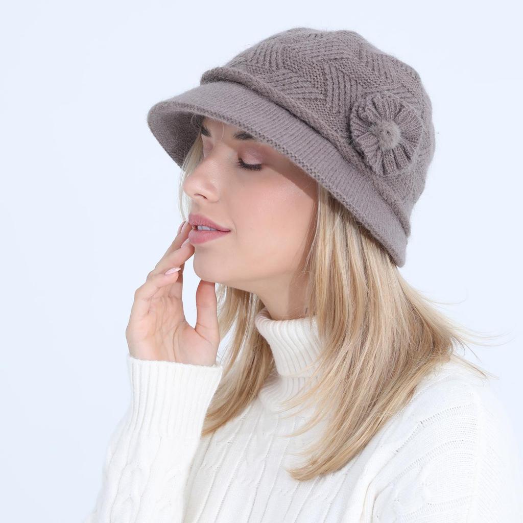 Женская осенне-зимняя шерстяная шляпа с цветком для мамы и кролика, плюшевая утолщенная теплая шапка