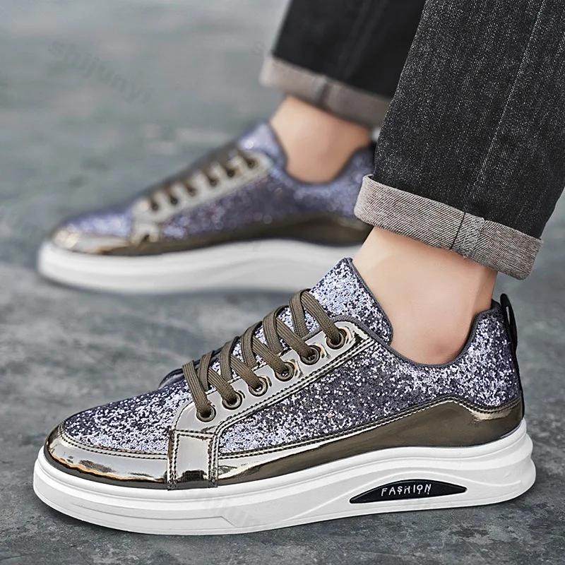 Gold Men's Sneakers 2025 New Luxury Fashion Skateborad Shoes Glitter Casual Shoes Men Platform Vulcanize Shoes Big Size Tenis