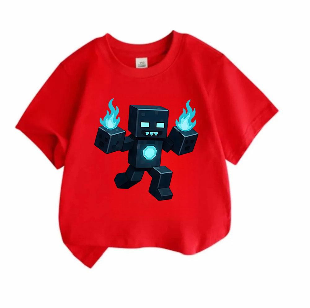 Kids Boys Girls Crew Neck Short Sleeve 100% Cotton T-Shirt, Cool Pixel Blue Fire Robot Print Casual Tees for Daily Wear, Cute Block Character Pattern