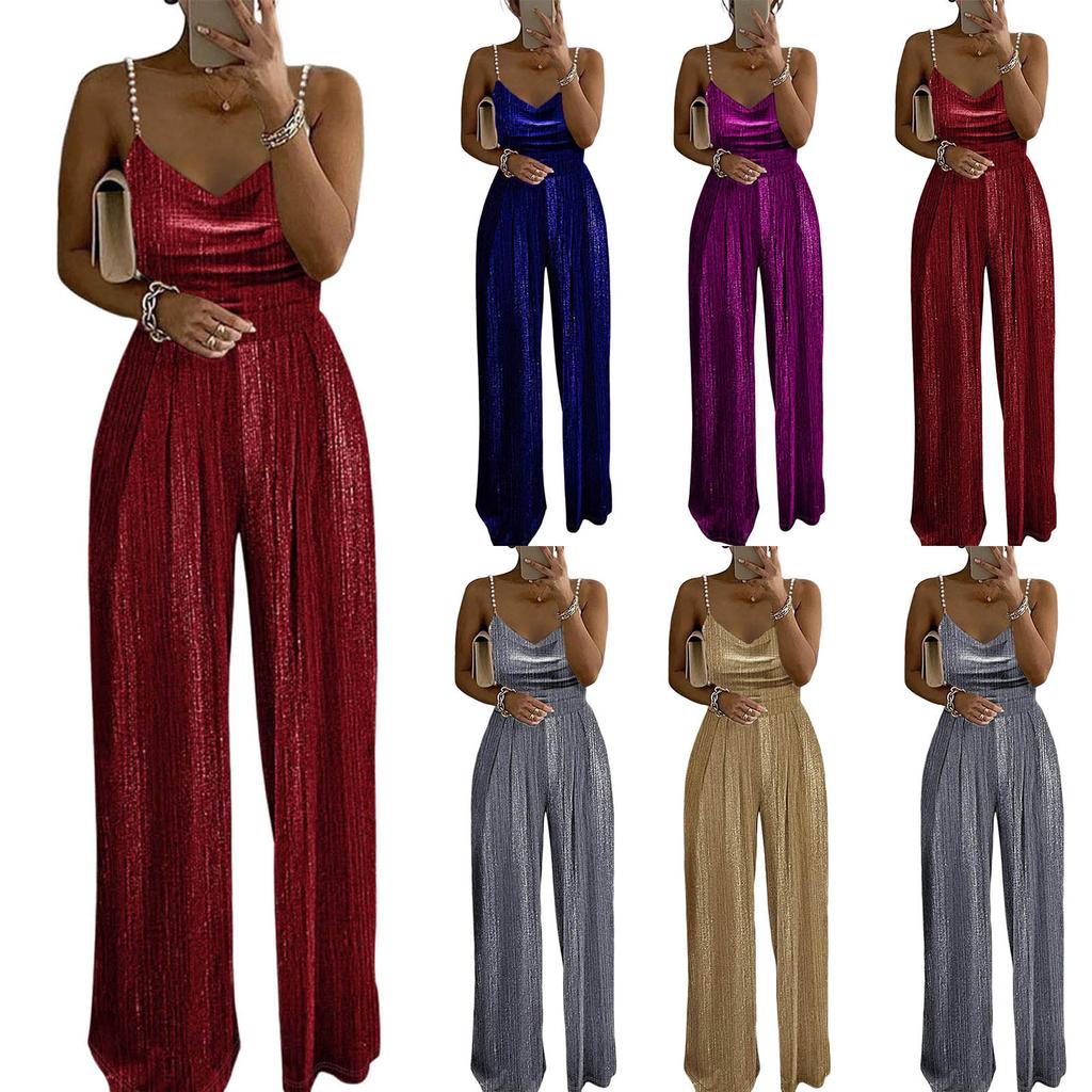 Женский модный и повседневный свободный цветной комбинезон с широкими штанинами, стягивающийся на талии, с элегантными бретелями, украшенными бусинами