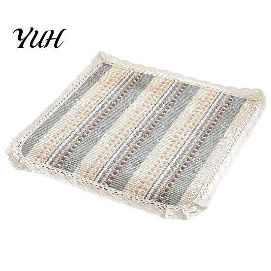 Thin Seat Pad for Home Cotton Linen Chair Pad, Striped Plaid Dining Mat with Lace Trim, Rustic Style Breathable Ties Office Barstool Non Slip Kitchen