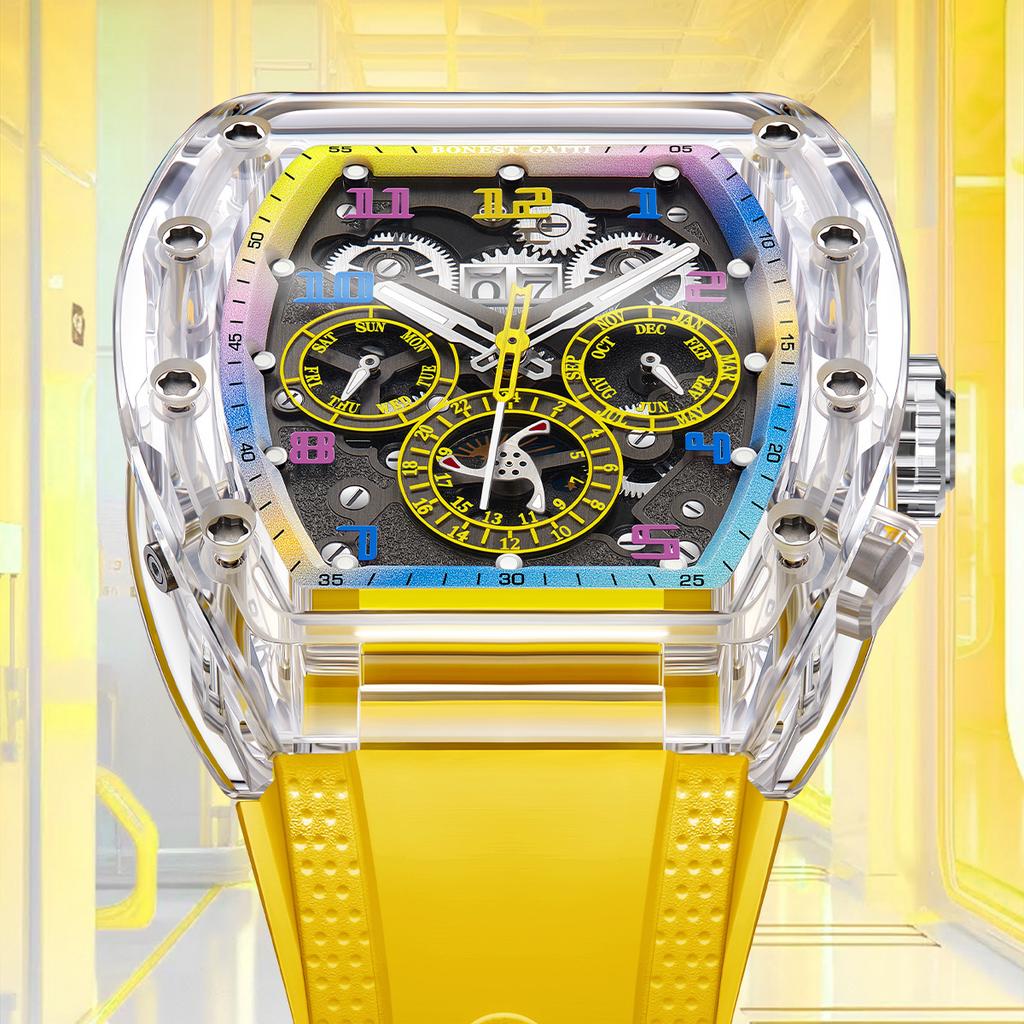 Bugatti Watch Men'S Barrel-Shaped Multifunctional Three-Eye Acrylic Transparent Case Mechanical Watch