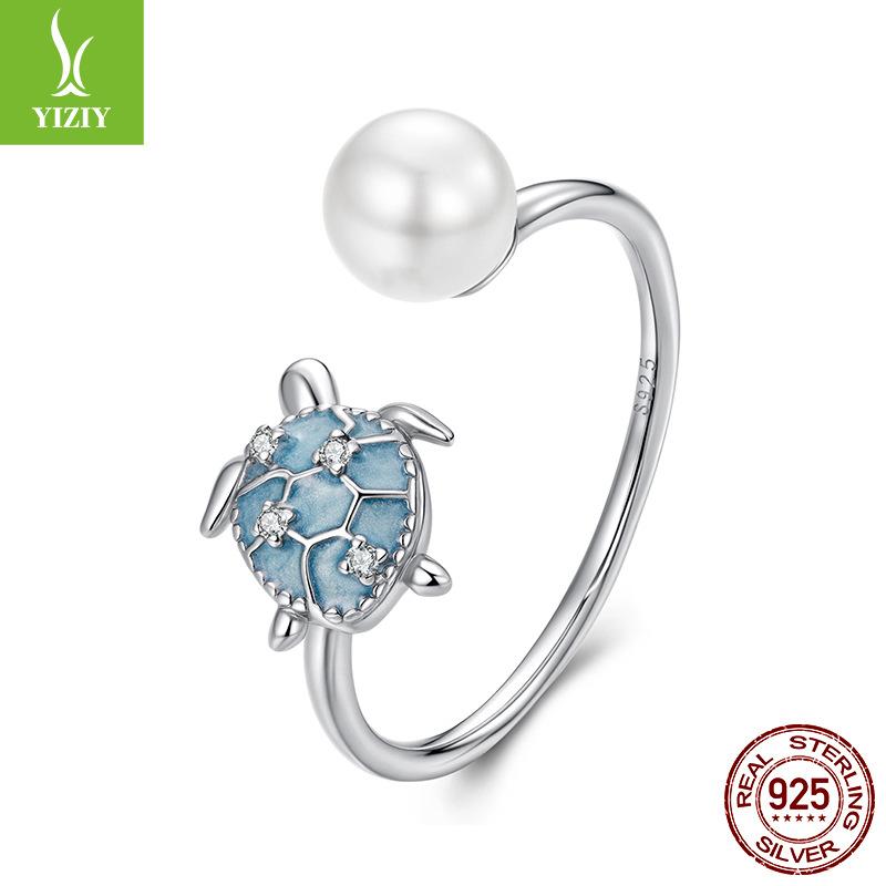 S925 Sterling Silver Turtle Bead Open Ring, Summer Vacation Wind Bead Ring Jewelry