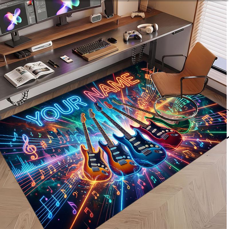 Music Guitar Theme Soft Crystal Velvet Rug Custom Name & Text Print Non Slip Floor Rug for Bedroom Living Room