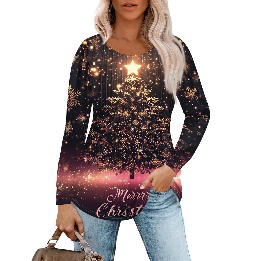Женская повседневная футболка с круглым вырезом и длинными рукавами с рождественским принтом и складками