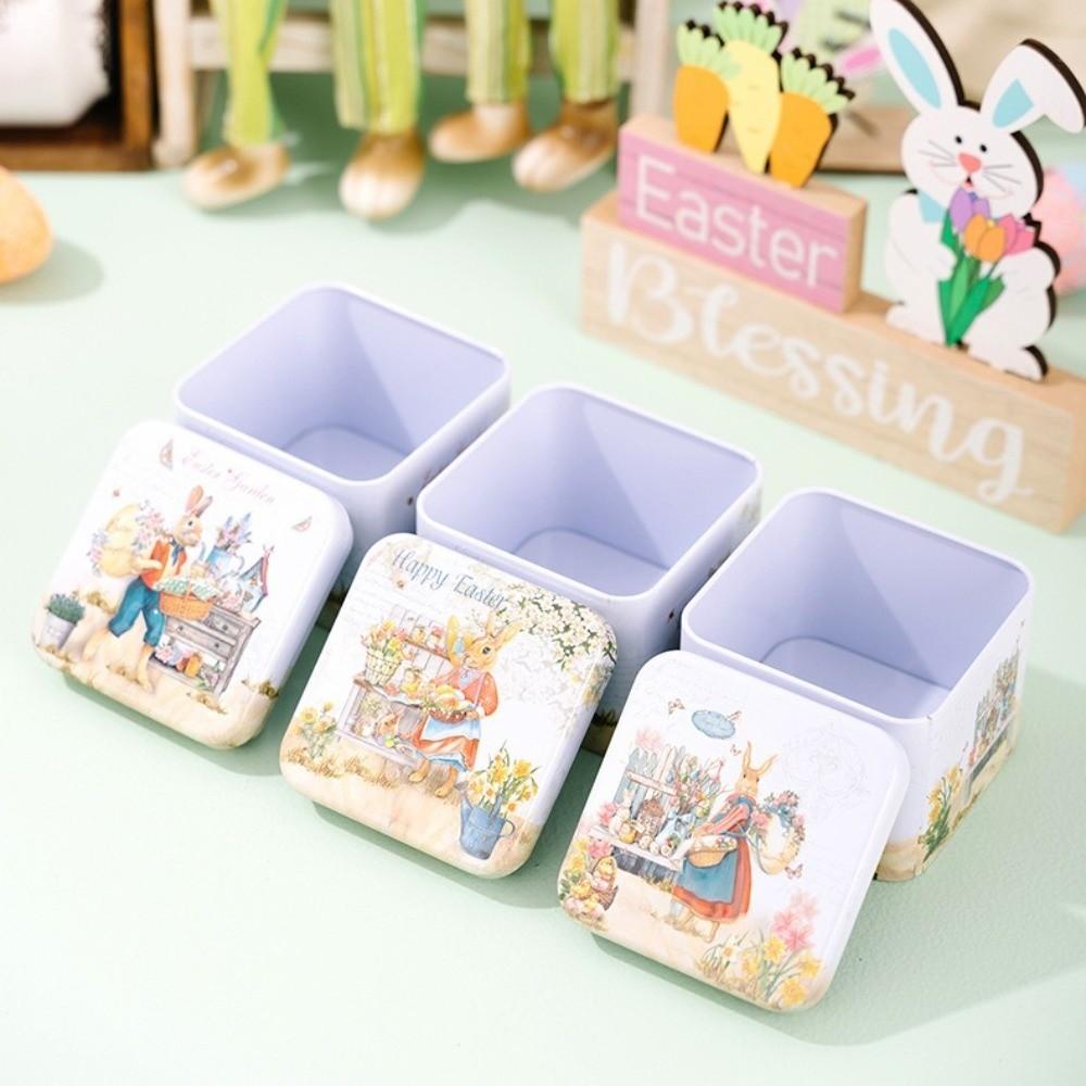 Square Shape Easter Gifts Box Iron Material Rabbit Tin Storage Box Party Decorations