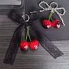 Pearl Lace Bowknot Keychain Hanging Cherry Pendant Keyring Backpack Decoration Charm Jewelry For Girl Women Gift