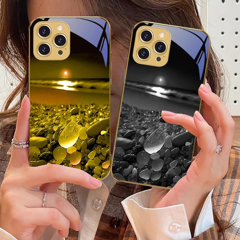 Красочный каменный берег моря Для iPhone 16 16Pro Max 15 P ro 14 13 Plus 12 Mini 11Pro Max XS Max XR Золотой чехол для телефона из закаленного стекла