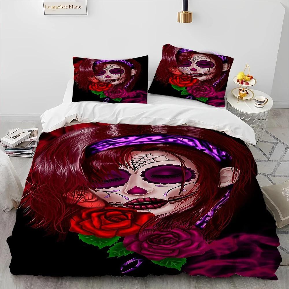 3D Horror Gothic Female Skull Dead Girl Comforter Bedding Set,Duvet Cover Bed Set Quilt Cover Pillowcase,Queen Size Bedding Set